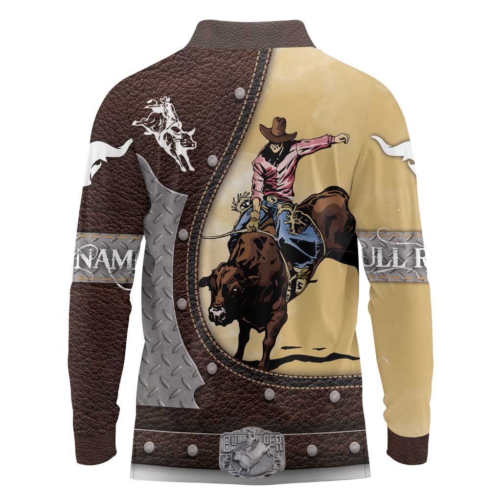 Personalized Name Bull Riding Long Sleeve Polo Shirt Cowboy Courage Rodeo