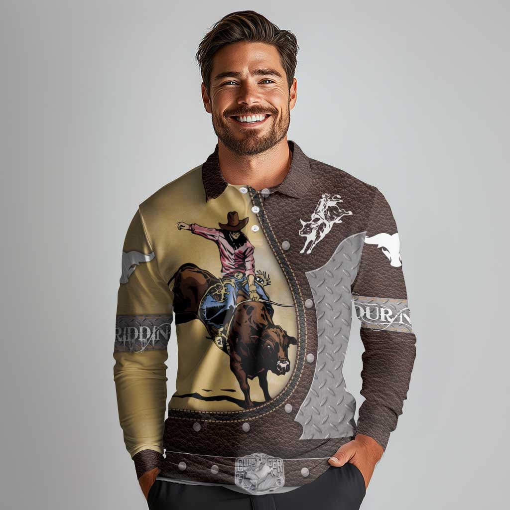 Personalized Name Bull Riding Long Sleeve Polo Shirt Cowboy Courage Rodeo