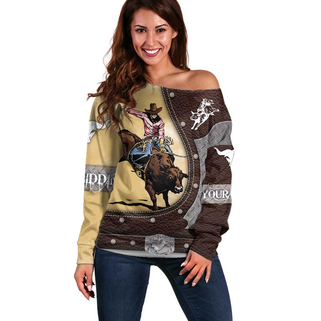 Personalized Name Bull Riding Off Shoulder Sweater Cowboy Courage Rodeo