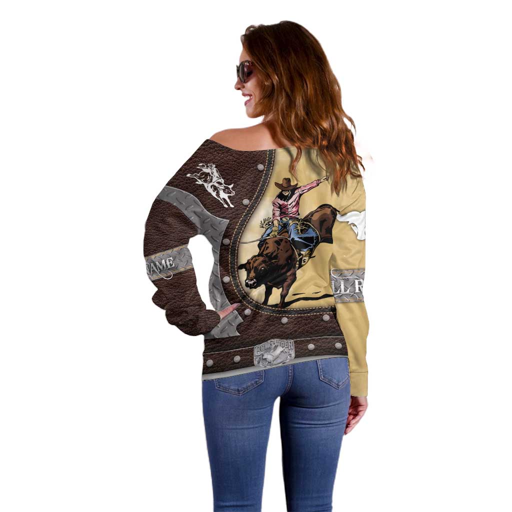 Personalized Name Bull Riding Off Shoulder Sweater Cowboy Courage Rodeo