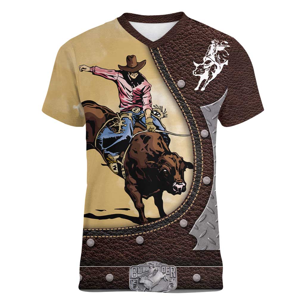 Personalized Name Bull Riding Women V-Neck T-Shirt Cowboy Courage Rodeo - Wonder Print Shop
