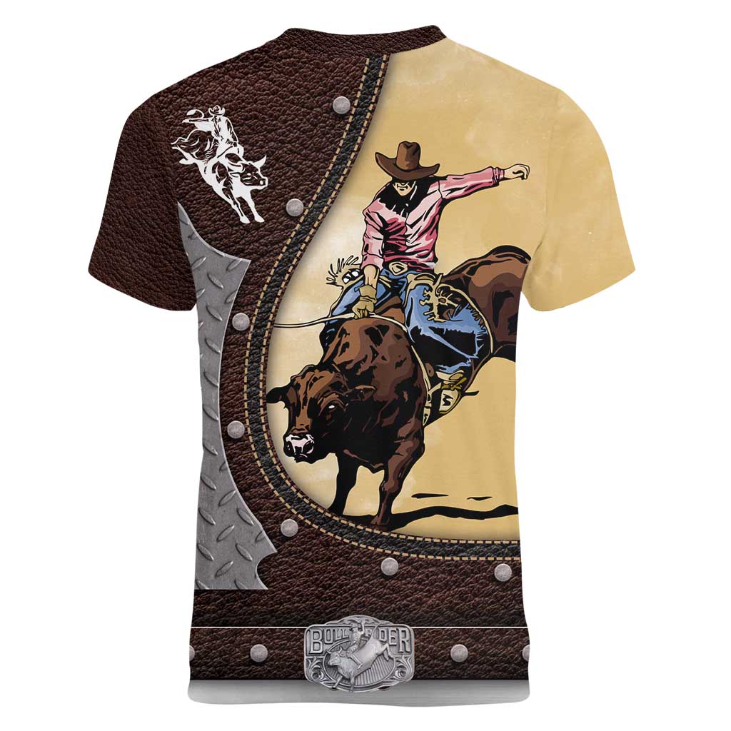 Personalized Name Bull Riding Women V-Neck T-Shirt Cowboy Courage Rodeo - Wonder Print Shop