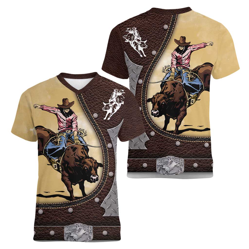Personalized Name Bull Riding Women V-Neck T-Shirt Cowboy Courage Rodeo - Wonder Print Shop