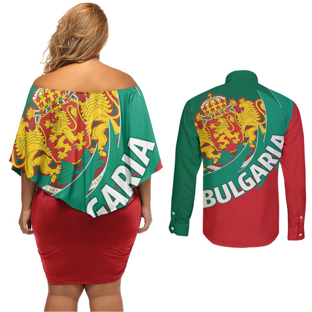 Bulgaria Lion Couples Matching Off Shoulder Short Dress and Long Sleeve Button Shirt Bulgarian Coat Of Arms