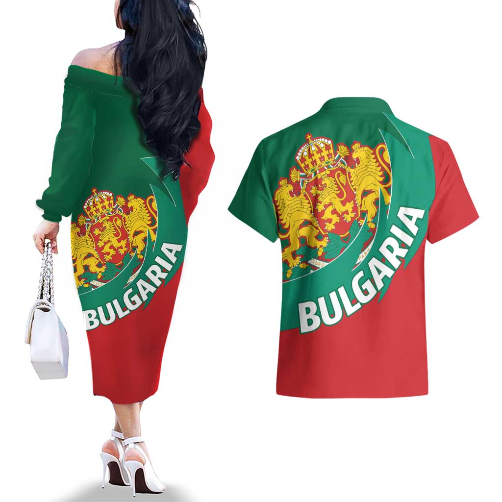 Bulgaria Lion Couples Matching Off The Shoulder Long Sleeve Dress and Hawaiian Shirt Bulgarian Coat Of Arms