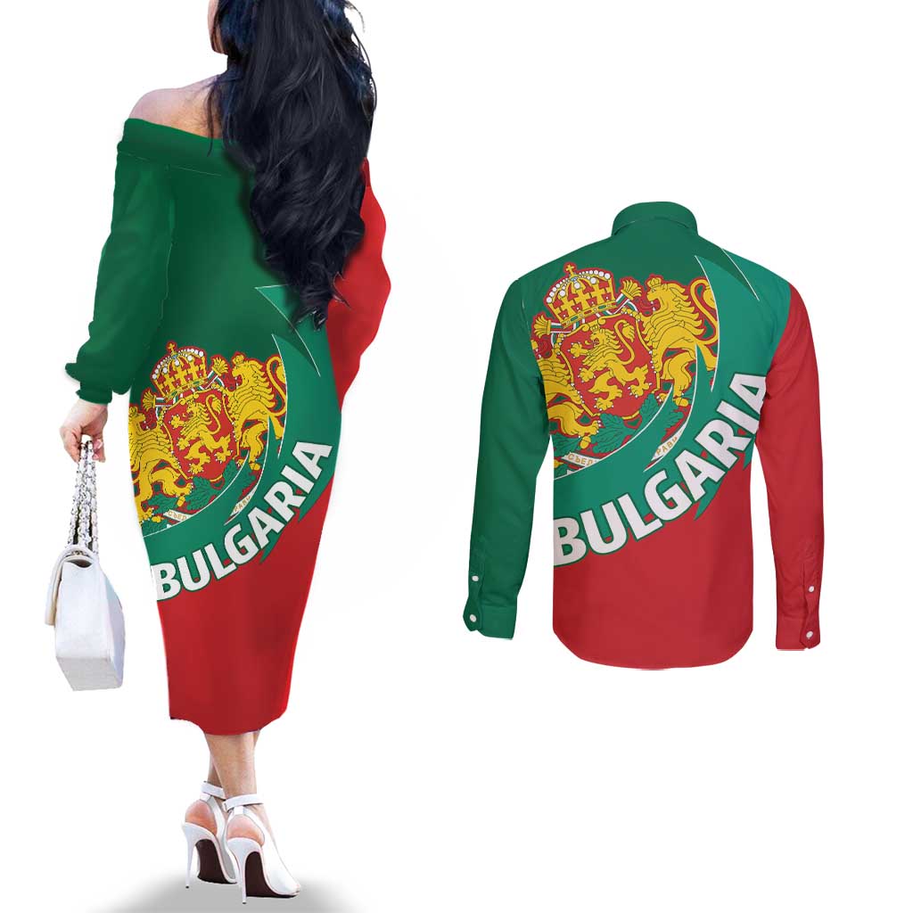 Bulgaria Lion Couples Matching Off The Shoulder Long Sleeve Dress and Long Sleeve Button Shirt Bulgarian Coat Of Arms