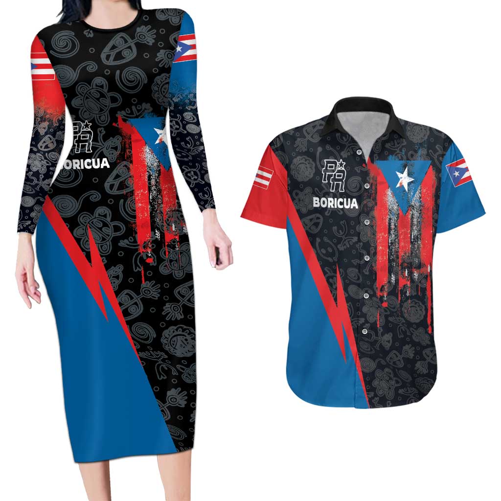 Puerto Rico Couples Matching Long Sleeve Bodycon Dress and Hawaiian Shirt Boricua PR Flag Style