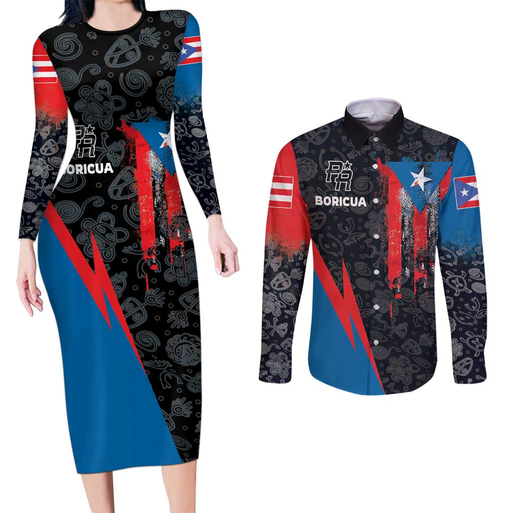 Puerto Rico Couples Matching Long Sleeve Bodycon Dress and Long Sleeve Button Shirt Boricua PR Flag Style