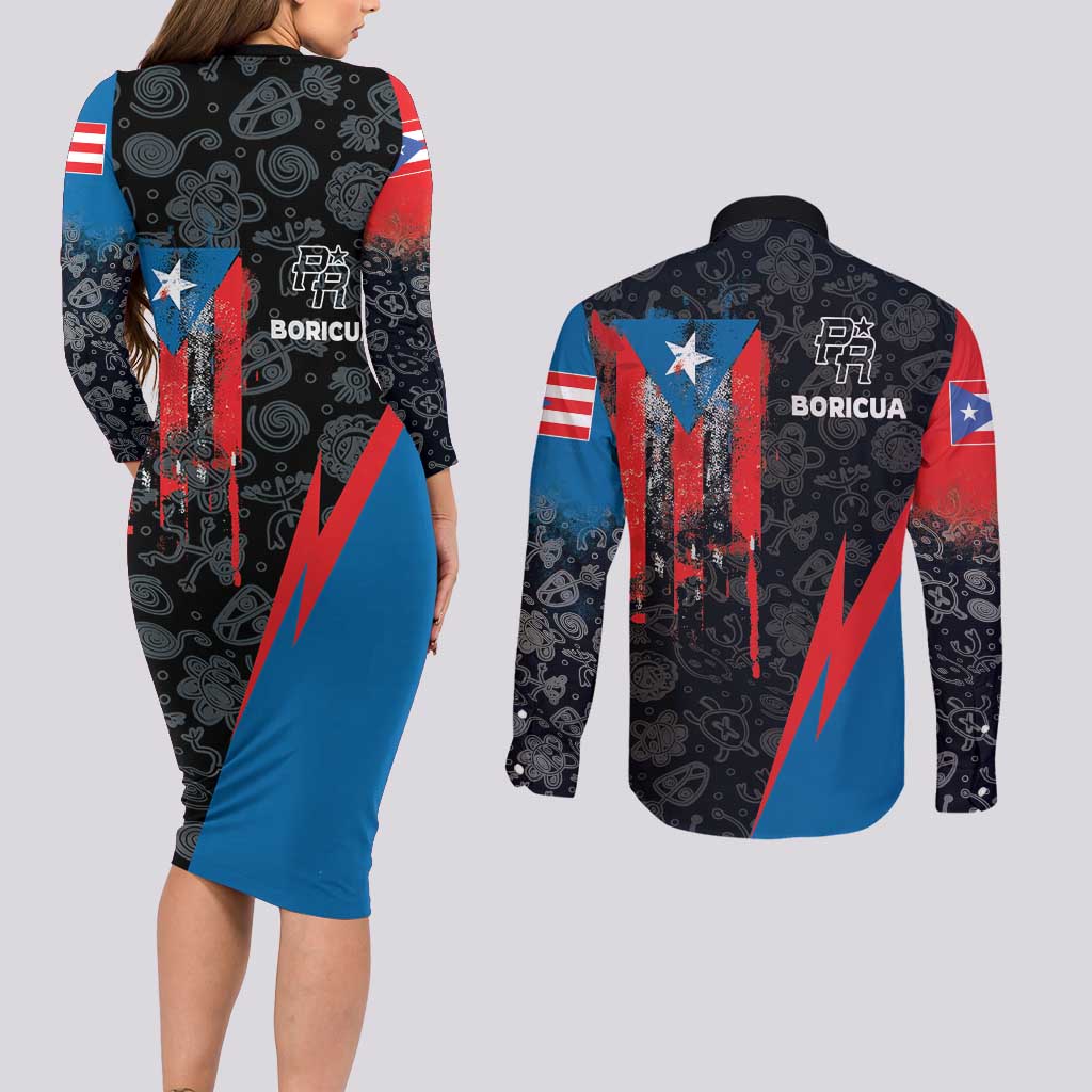 Puerto Rico Couples Matching Long Sleeve Bodycon Dress and Long Sleeve Button Shirt Boricua PR Flag Style