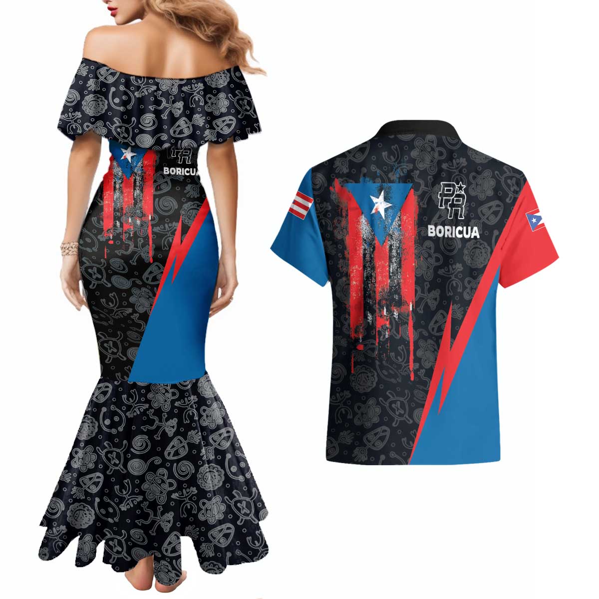 Puerto Rico Couples Matching Mermaid Dress and Hawaiian Shirt Boricua PR Flag Style