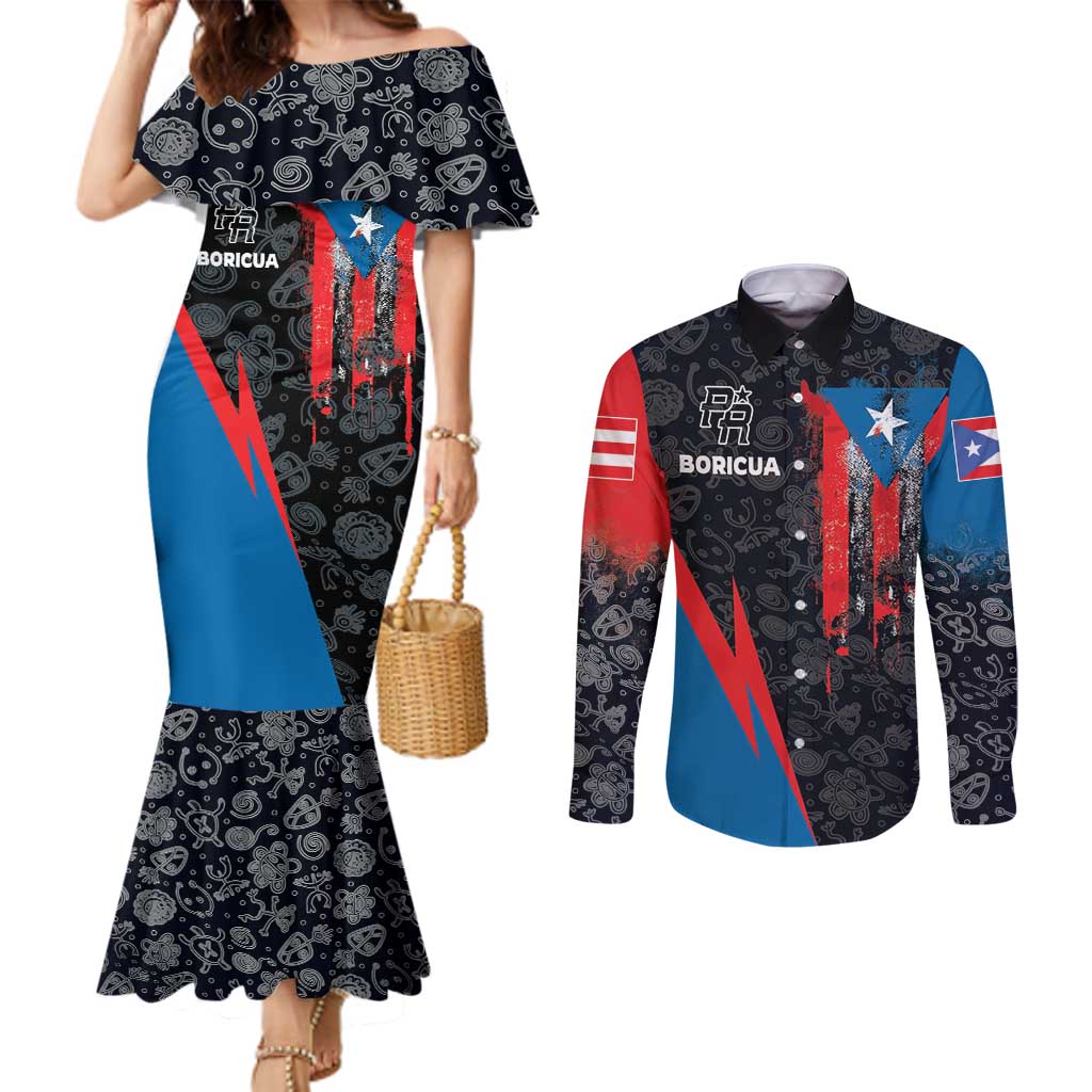 Puerto Rico Couples Matching Mermaid Dress and Long Sleeve Button Shirt Boricua PR Flag Style