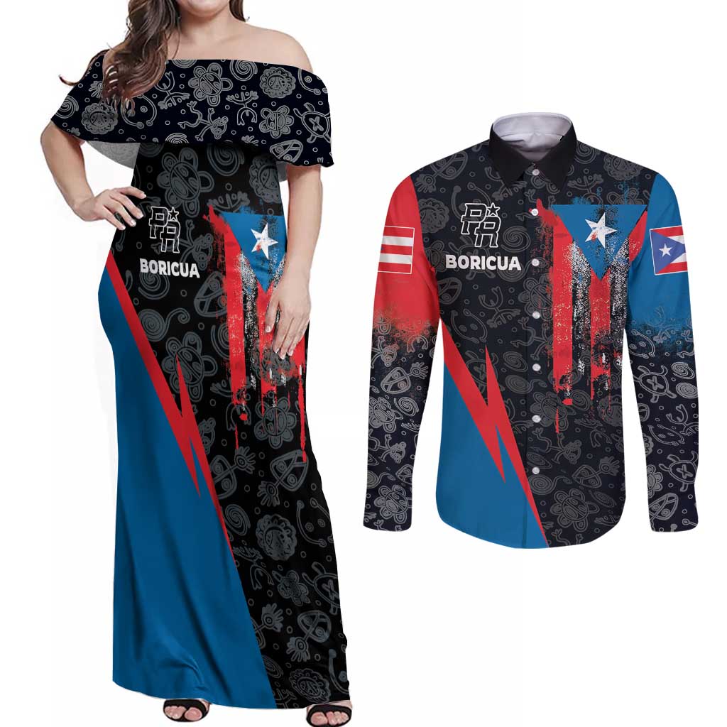 Puerto Rico Couples Matching Off Shoulder Maxi Dress and Long Sleeve Button Shirt Boricua PR Flag Style