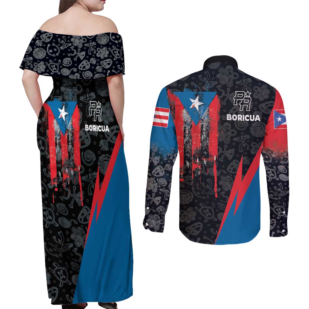 Puerto Rico Couples Matching Off Shoulder Maxi Dress and Long Sleeve Button Shirt Boricua PR Flag Style