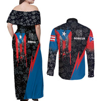 Puerto Rico Couples Matching Off Shoulder Maxi Dress and Long Sleeve Button Shirt Boricua PR Flag Style