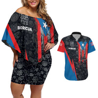 Puerto Rico Couples Matching Off Shoulder Short Dress and Hawaiian Shirt Boricua PR Flag Style