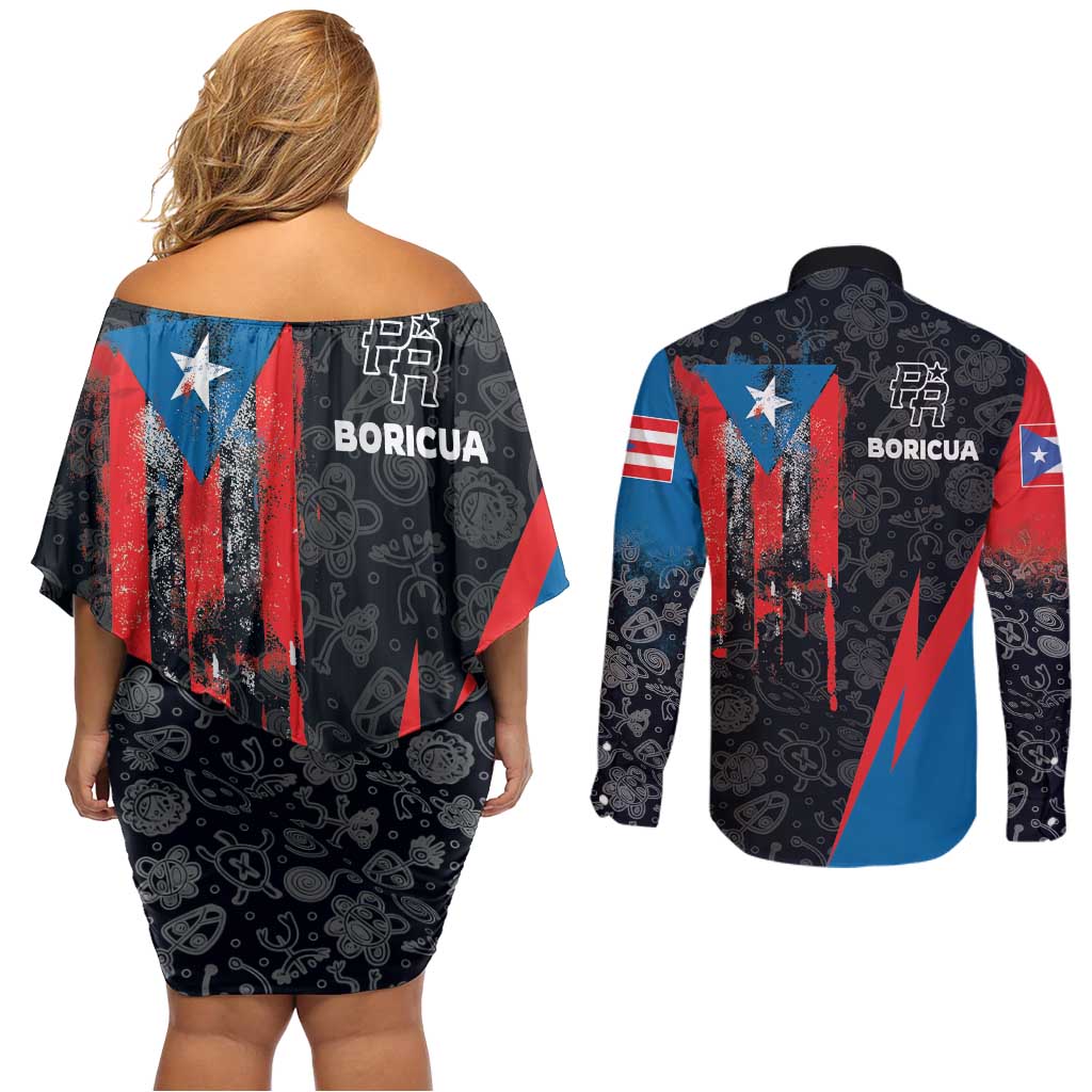 Puerto Rico Couples Matching Off Shoulder Short Dress and Long Sleeve Button Shirt Boricua PR Flag Style