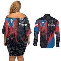 Puerto Rico Couples Matching Off Shoulder Short Dress and Long Sleeve Button Shirt Boricua PR Flag Style