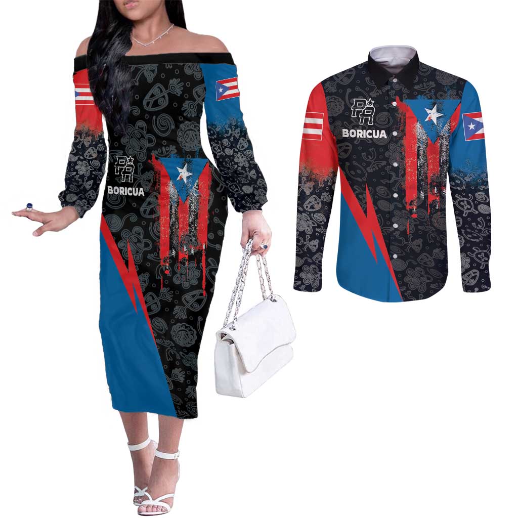 Puerto Rico Couples Matching Off The Shoulder Long Sleeve Dress and Long Sleeve Button Shirt Boricua PR Flag Style