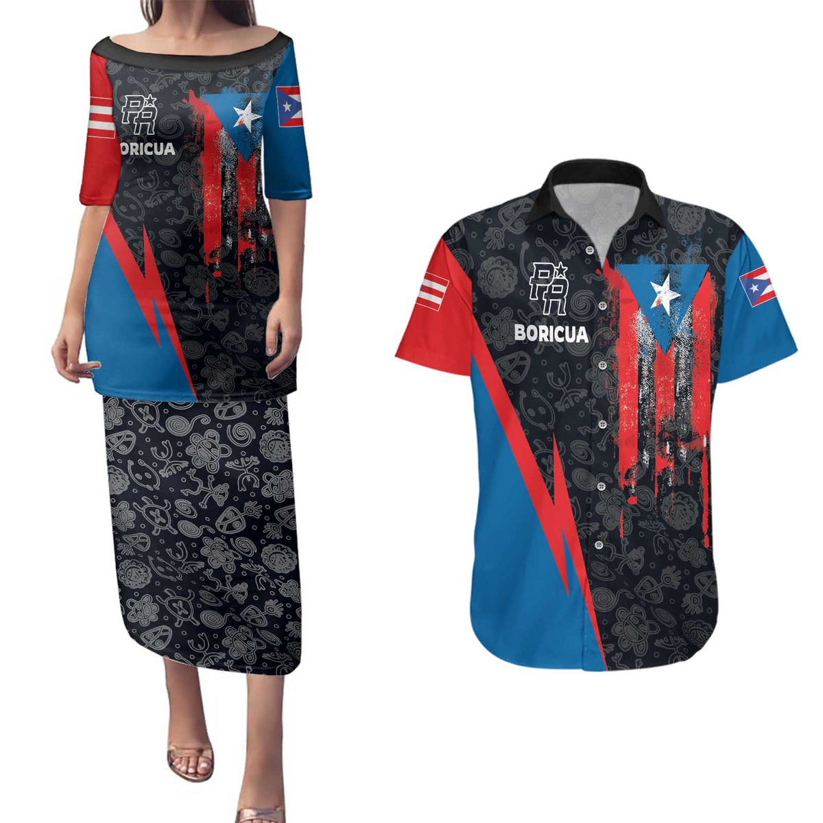 Puerto Rico Couples Matching Puletasi and Hawaiian Shirt Boricua PR Flag Style