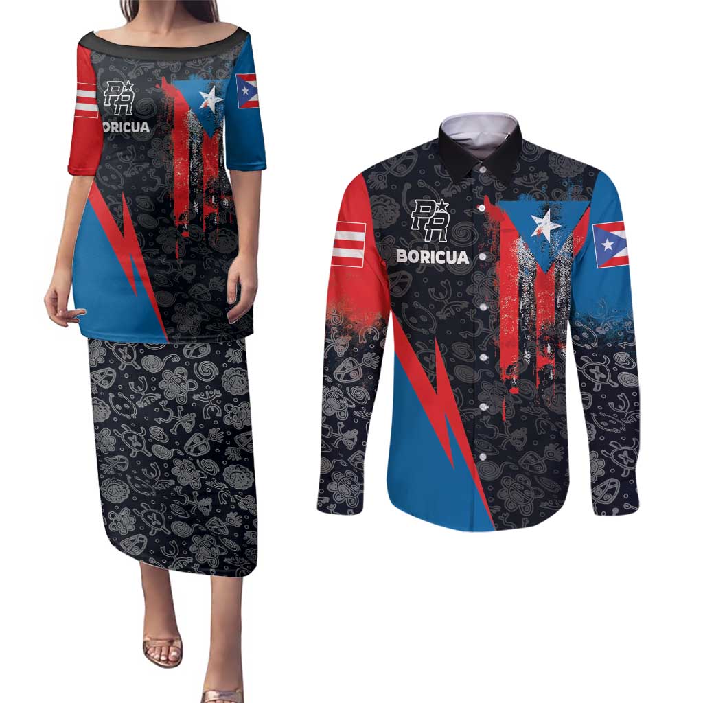 Puerto Rico Couples Matching Puletasi and Long Sleeve Button Shirt Boricua PR Flag Style