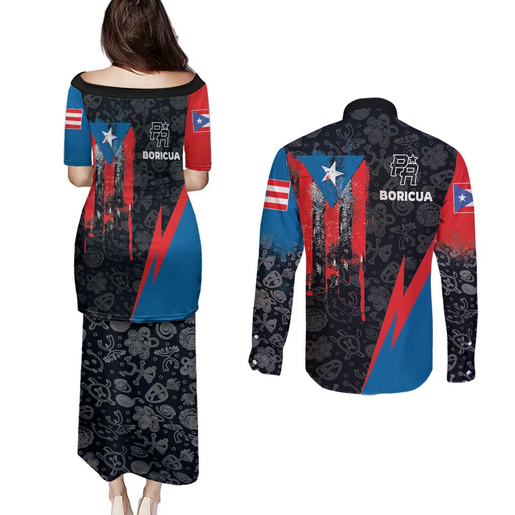 Puerto Rico Couples Matching Puletasi and Long Sleeve Button Shirt Boricua PR Flag Style
