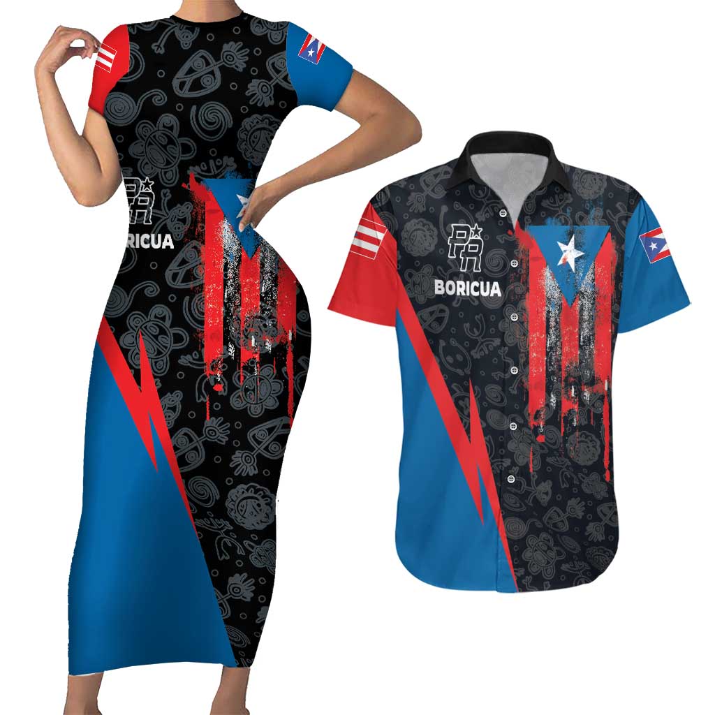 Puerto Rico Couples Matching Short Sleeve Bodycon Dress and Hawaiian Shirt Boricua PR Flag Style