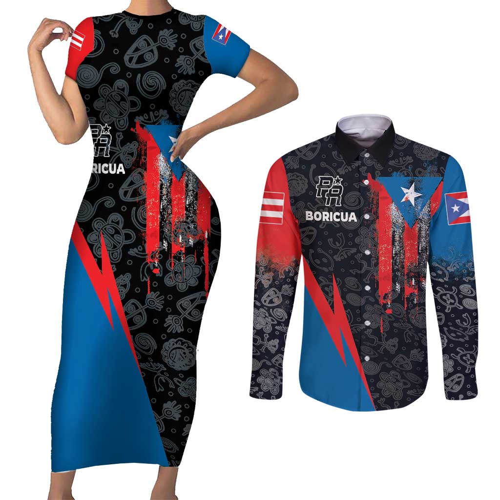 Puerto Rico Couples Matching Short Sleeve Bodycon Dress and Long Sleeve Button Shirt Boricua PR Flag Style