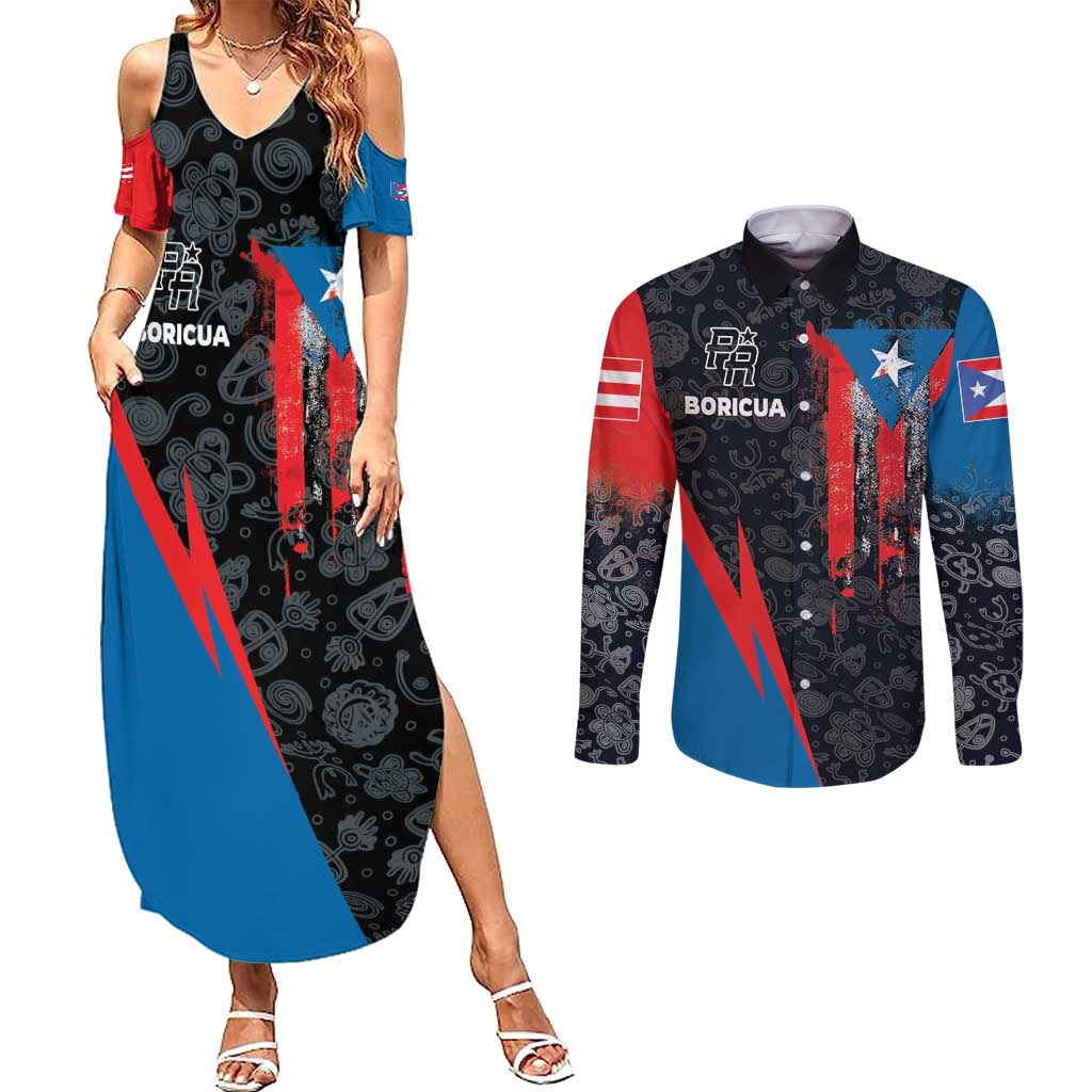 Puerto Rico Couples Matching Summer Maxi Dress and Long Sleeve Button Shirt Boricua PR Flag Style