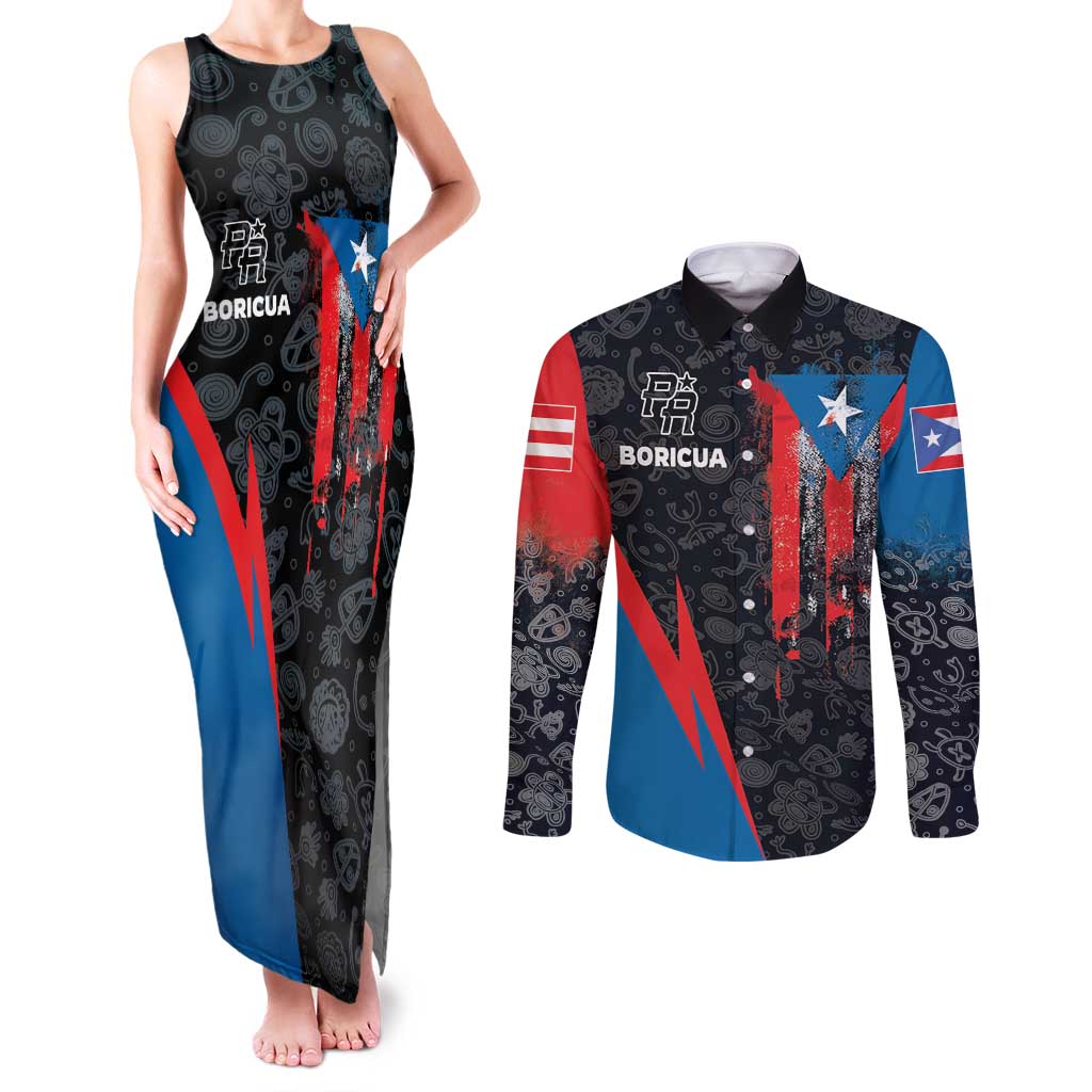 Puerto Rico Couples Matching Tank Maxi Dress and Long Sleeve Button Shirt Boricua PR Flag Style