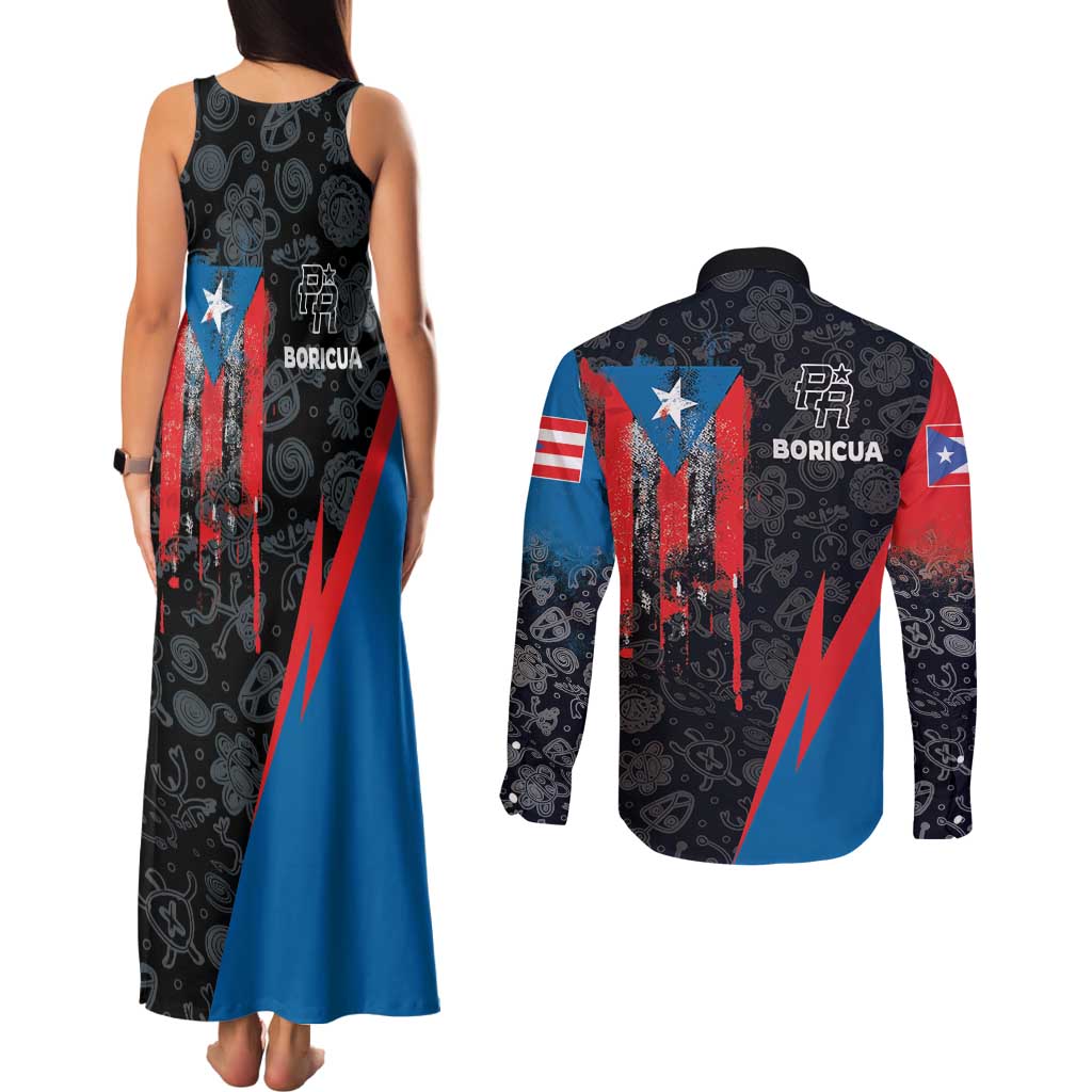Puerto Rico Couples Matching Tank Maxi Dress and Long Sleeve Button Shirt Boricua PR Flag Style