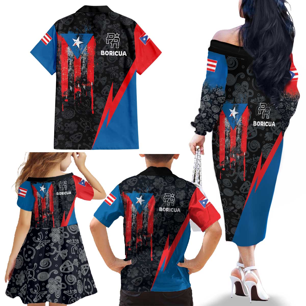 Puerto Rico Family Matching Off The Shoulder Long Sleeve Dress and Hawaiian Shirt Boricua PR Flag Style