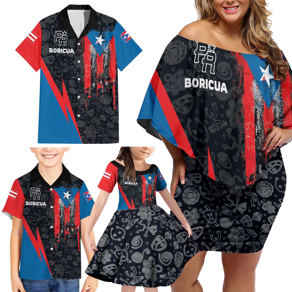Puerto Rico Family Matching Off Shoulder Short Dress and Hawaiian Shirt Boricua PR Flag Style