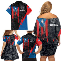 Puerto Rico Family Matching Off Shoulder Short Dress and Hawaiian Shirt Boricua PR Flag Style