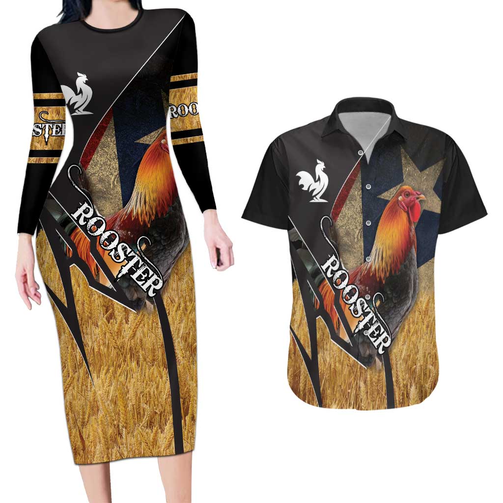 Puerto Rico Rooster Couples Matching Long Sleeve Bodycon Dress and Hawaiian Shirt Gallo Boricua