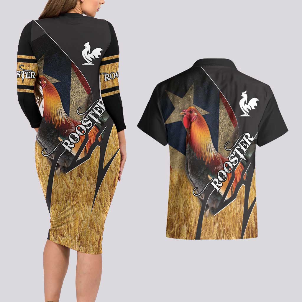 Puerto Rico Rooster Couples Matching Long Sleeve Bodycon Dress and Hawaiian Shirt Gallo Boricua