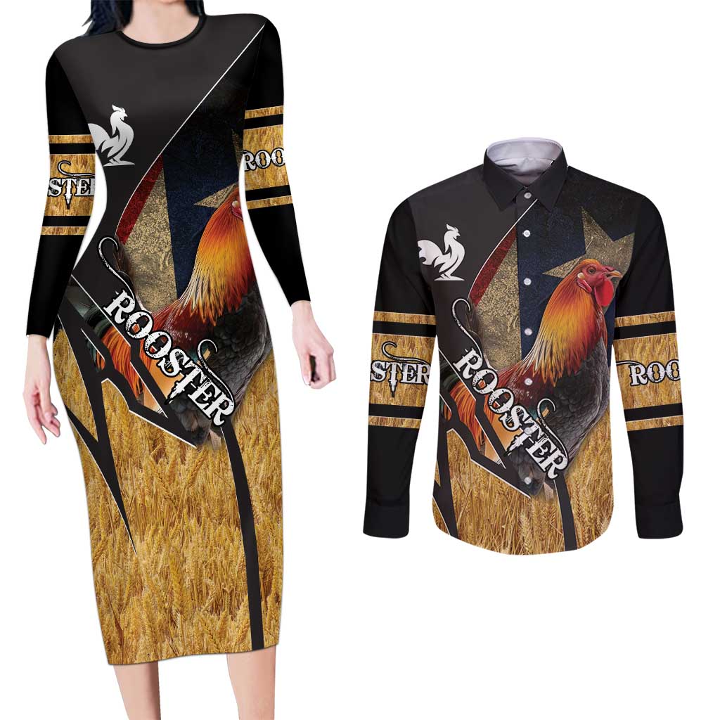 Puerto Rico Rooster Couples Matching Long Sleeve Bodycon Dress and Long Sleeve Button Shirt Gallo Boricua