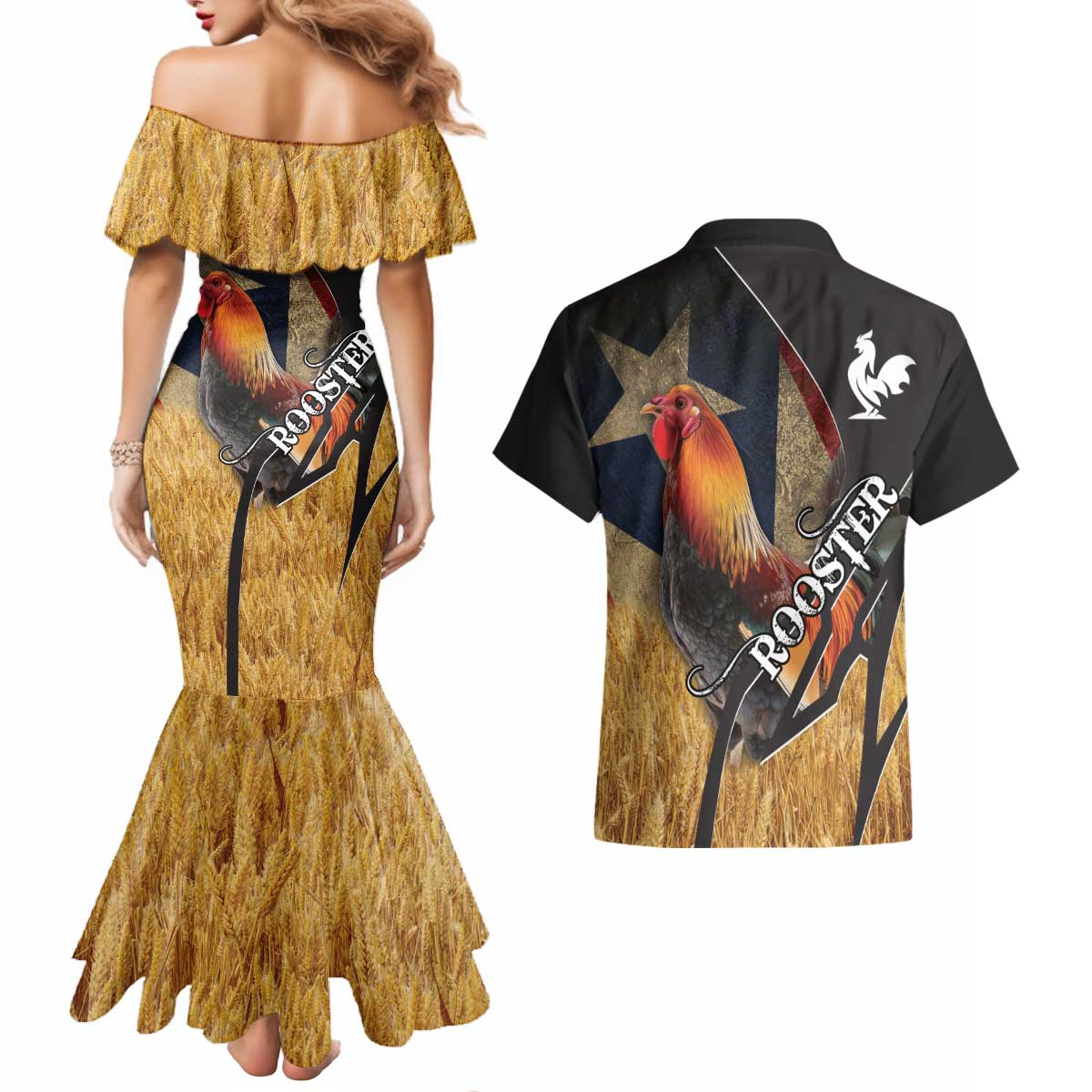 Puerto Rico Rooster Couples Matching Mermaid Dress and Hawaiian Shirt Gallo Boricua