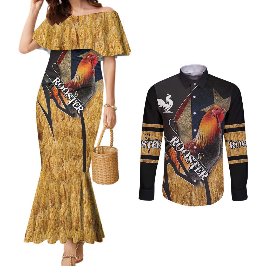 Puerto Rico Rooster Couples Matching Mermaid Dress and Long Sleeve Button Shirt Gallo Boricua