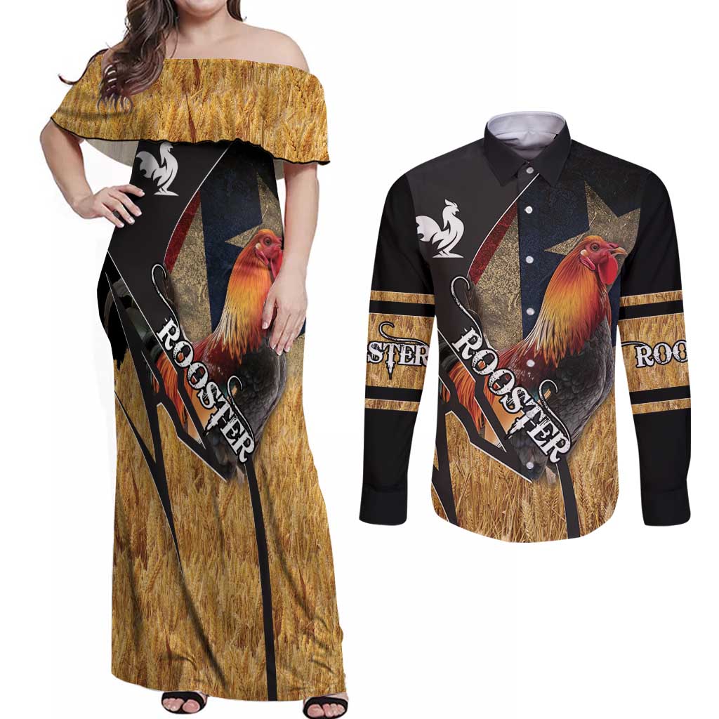 Puerto Rico Rooster Couples Matching Off Shoulder Maxi Dress and Long Sleeve Button Shirt Gallo Boricua