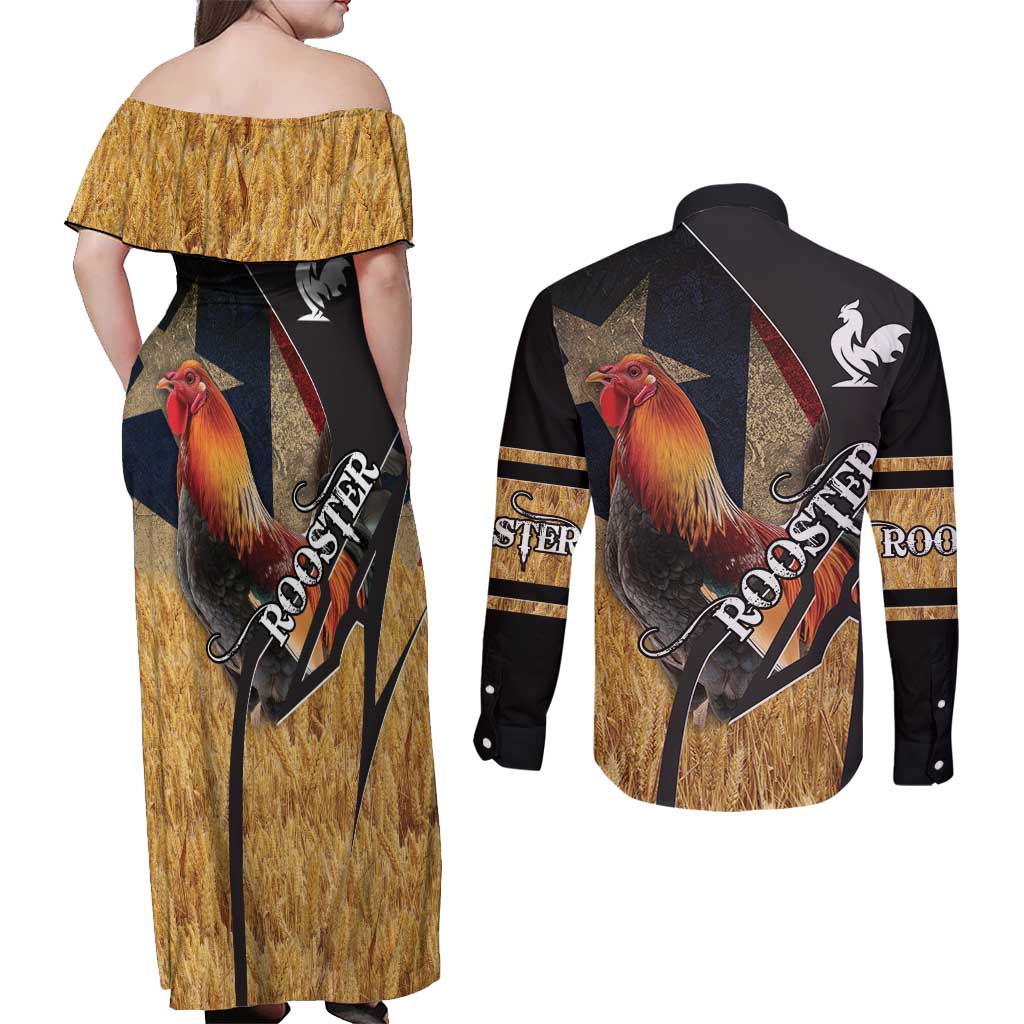 Puerto Rico Rooster Couples Matching Off Shoulder Maxi Dress and Long Sleeve Button Shirt Gallo Boricua