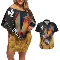 Puerto Rico Rooster Couples Matching Off Shoulder Short Dress and Hawaiian Shirt Gallo Boricua