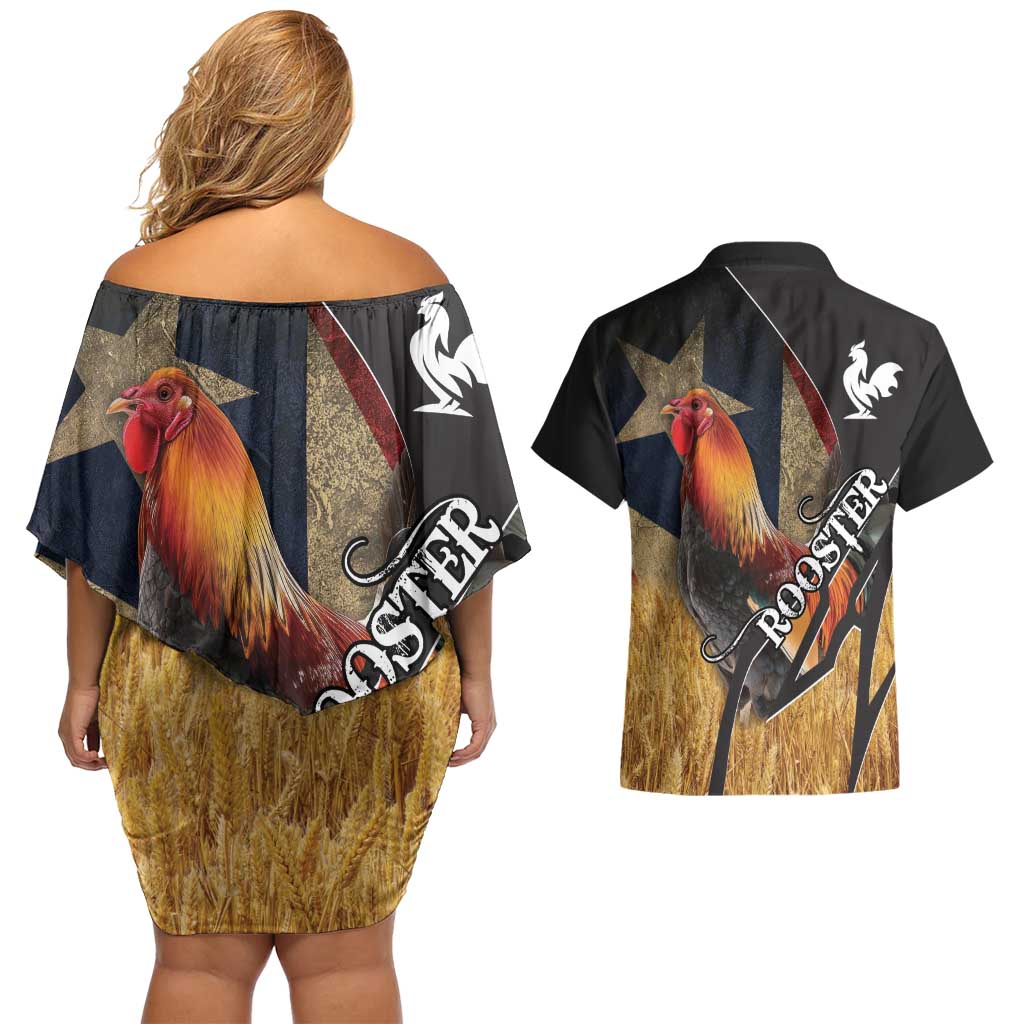 Puerto Rico Rooster Couples Matching Off Shoulder Short Dress and Hawaiian Shirt Gallo Boricua
