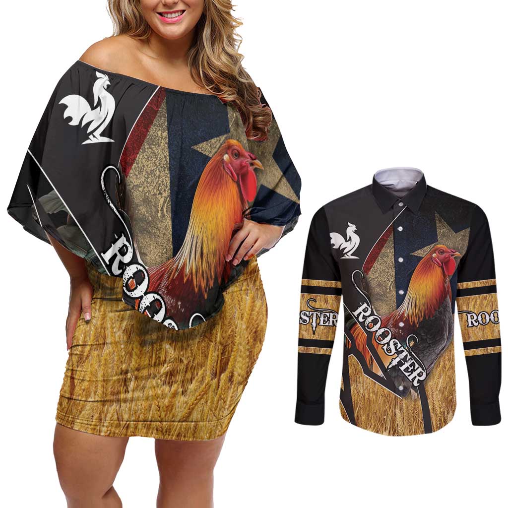 Puerto Rico Rooster Couples Matching Off Shoulder Short Dress and Long Sleeve Button Shirt Gallo Boricua