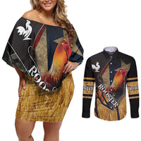 Puerto Rico Rooster Couples Matching Off Shoulder Short Dress and Long Sleeve Button Shirt Gallo Boricua