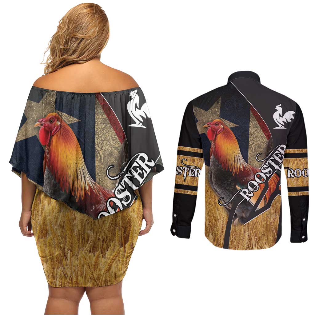 Puerto Rico Rooster Couples Matching Off Shoulder Short Dress and Long Sleeve Button Shirt Gallo Boricua
