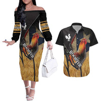 Puerto Rico Rooster Couples Matching Off The Shoulder Long Sleeve Dress and Hawaiian Shirt Gallo Boricua