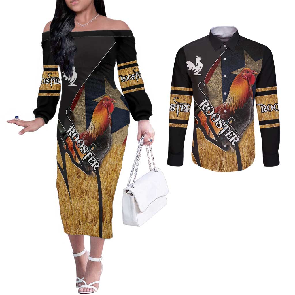 Puerto Rico Rooster Couples Matching Off The Shoulder Long Sleeve Dress and Long Sleeve Button Shirt Gallo Boricua