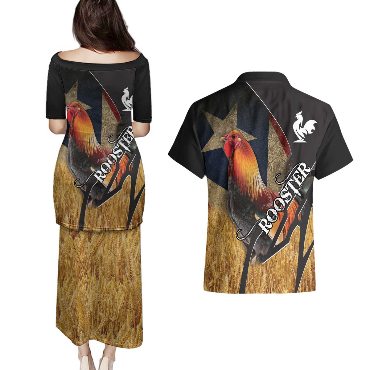 Puerto Rico Rooster Couples Matching Puletasi and Hawaiian Shirt Gallo Boricua