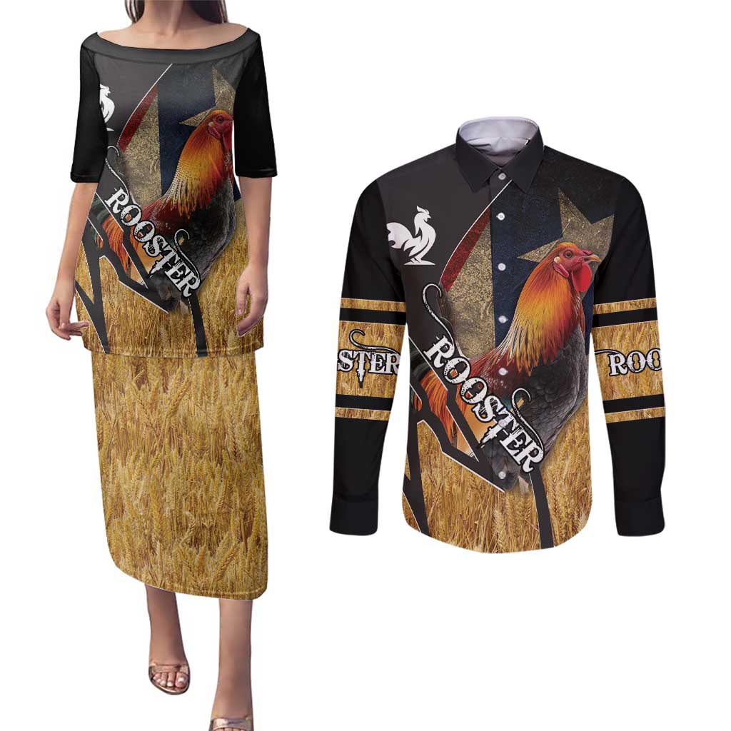 Puerto Rico Rooster Couples Matching Puletasi and Long Sleeve Button Shirt Gallo Boricua