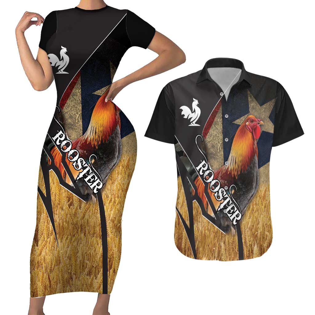Puerto Rico Rooster Couples Matching Short Sleeve Bodycon Dress and Hawaiian Shirt Gallo Boricua